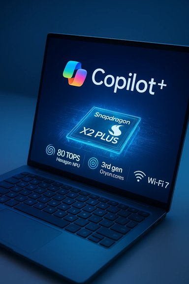 Laptop screen showcasing Copilot+ with Snapdragon X2 Plus AI chip, 80 TOPS NPU, 3rd-gen Oryon cores.
