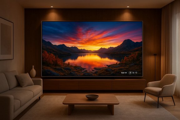 Cozy living room with a large TV displaying a vibrant sunset over a mountain lake. Cozy living room with a large TV displaying a vibrant sunset over a mountain lake.