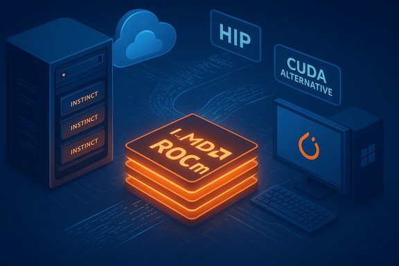 AMD ROCm stack powering AI/ML on servers, with HIP and CUDA-alternative options.