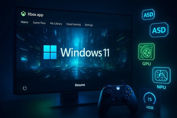 Windows 11 shown on an Xbox app screen, with glowing hardware icons (GPU, NPU) beside a gamepad.