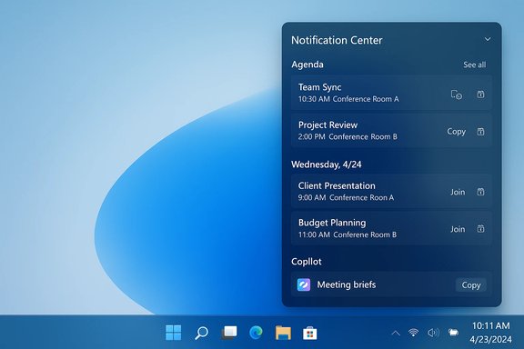 Windows desktop with a right-side dark blue Notification Center listing calendar events.