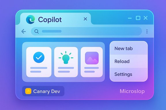 A futuristic Copilot-branded browser mockup with card shortcuts and a side menu.