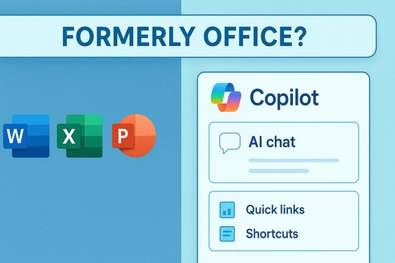 Formerly Office? Copilot panel shows AI chat and quick links beside Word, Excel, and PowerPoint icons.