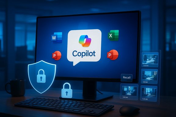 Computer monitor shows Copilot with Word, Excel, PowerPoint icons and security shields. Computer monitor shows Copilot with Word, Excel, PowerPoint icons and security shields.