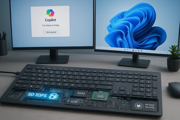 Two-monitor desk setup with a transparent keyboard panel revealing RAM and SSD, Copilot on the left.