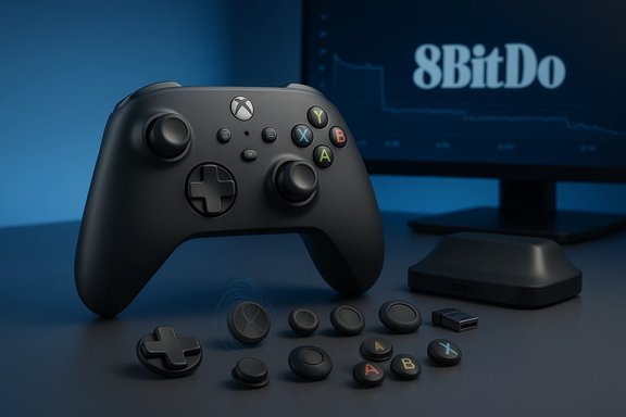 Xbox-style controller with removable thumbcaps and USB dongle on a desk, 8BitDo screen in the background.