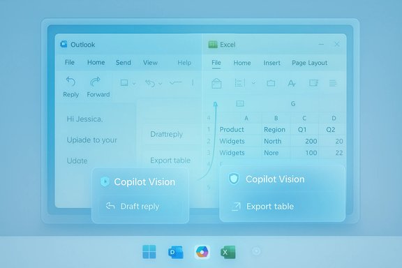 Blue-tinted screen showing Outlook and Excel side by side with Copilot Vision prompts. Blue-tinted screen showing Outlook and Excel side by side with Copilot Vision prompts.