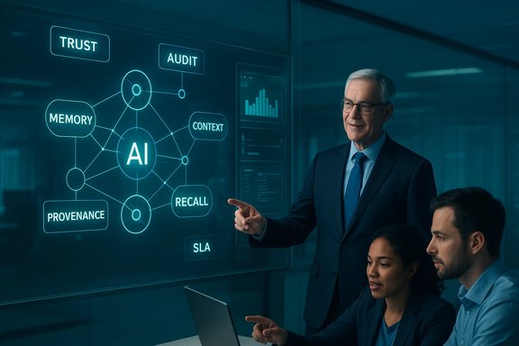 Executive explains an AI network diagram on a glass board to colleagues.