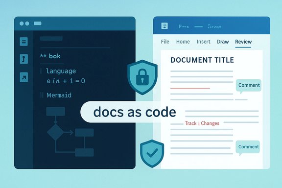 Docs as code: a split view showing code editor and document editor with security shields.
