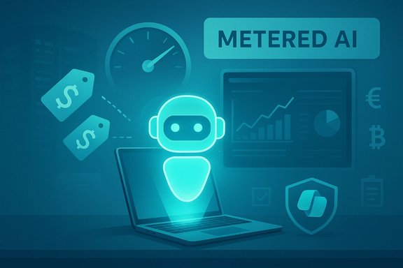 Neon chatbot avatar rises from a laptop beside charts under a Metered AI banner.