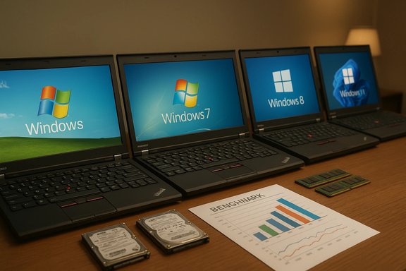 Row of ThinkPad laptops showing Windows XP, 7, 8 and 11 in a benchmark setup. Row of ThinkPad laptops showing Windows XP, 7, 8 and 11 in a benchmark setup.