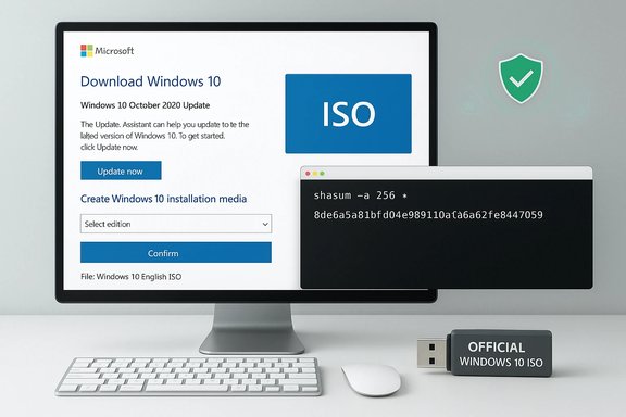 Monitor shows Windows 10 ISO download with a SHA-256 check and an official USB ISO.