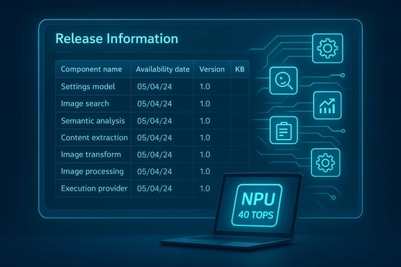 Futuristic release information dashboard listing components and NPU 40 TOPS.