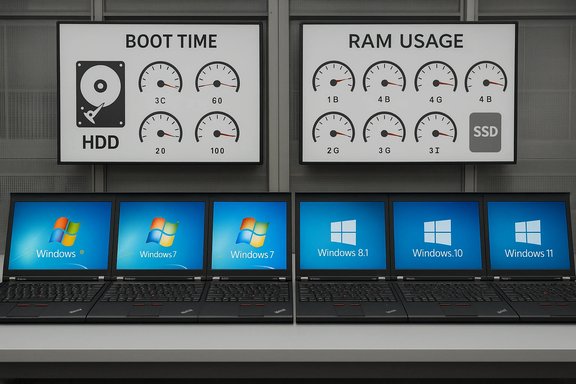 Row of laptops displaying Windows OS versions under boot time and RAM gauges. Row of laptops displaying Windows OS versions under boot time and RAM gauges.