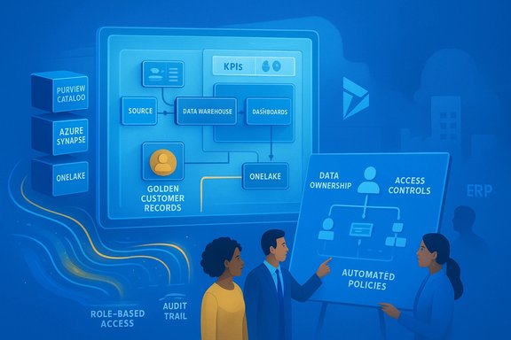 Blue tech illustration of data governance and analytics flow with KPIs, data ownership, and automated policies.