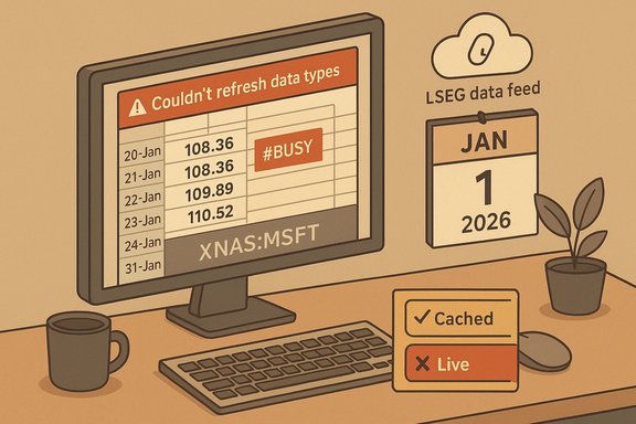 Computer monitor shows a 'Couldn't refresh data types' error beside a stock table labeled XNAS:MSFT.