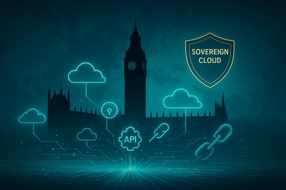Neon cloud and API icons illuminate London's skyline beneath a Sovereign Cloud shield.