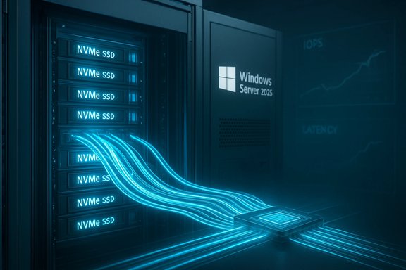 Futuristic data center with NVMe SSD racks and glowing cables converging on a central chip.