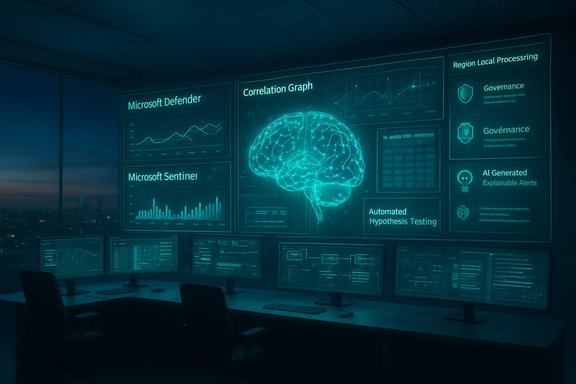 Futuristic security operations center with a glowing holographic brain and multiple monitors.