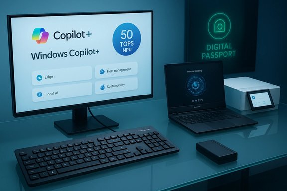 A modern workstation shows Windows Copilot+ on a monitor, with laptop, tablet, keyboard, and a Digital Passport sign.