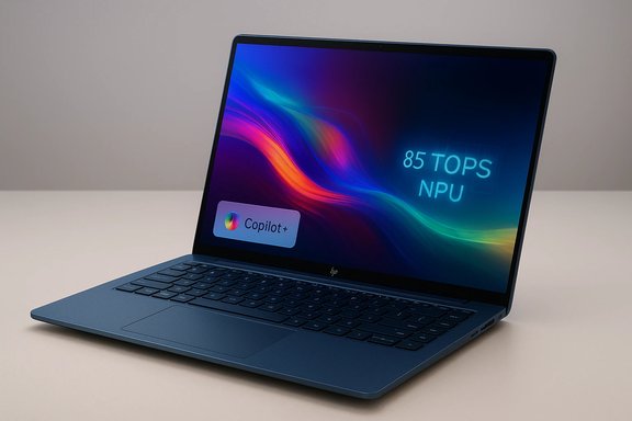 Blue laptop with a neon wallpaper showing 85 TOPS NPU and a Copilot+ sticker.