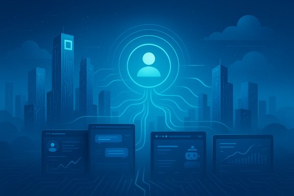 Futuristic blue cityscape with a central user icon linked by circuit lines to screens.