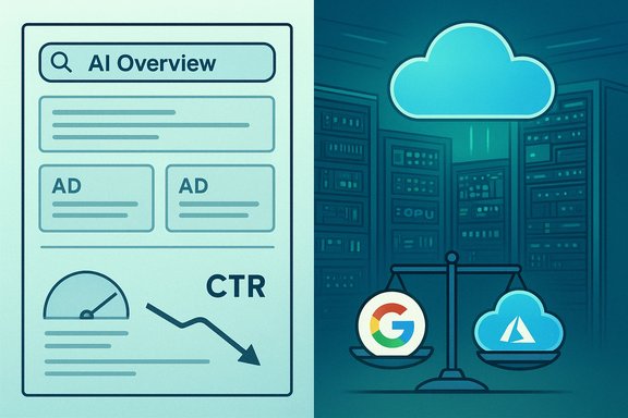 Left shows an AI Overview search with ads; right shows a Google vs. Azure cloud-scale comparison.