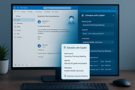 Desk setup with a large monitor showing Outlook inbox and a Schedule with Copilot panel.