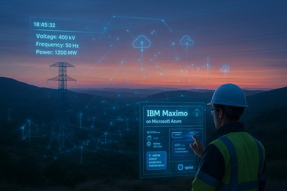 A field worker in a safety vest uses holographic dashboards over a power grid at sunset.