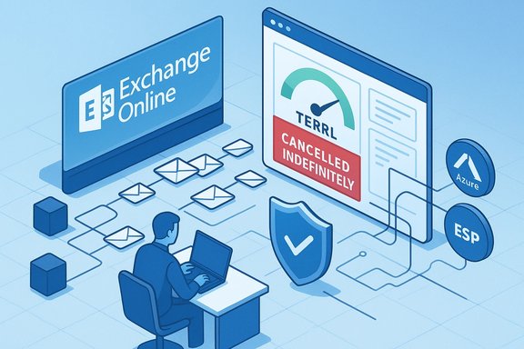 An IT professional monitors Exchange Online on a large screen showing a “Cancelled Indefinitely” alert with Azure icons.