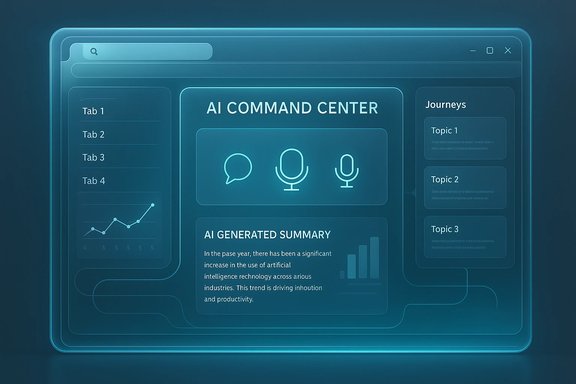 A futuristic AI command center UI featuring tab panels, mic icons, and journey topics.