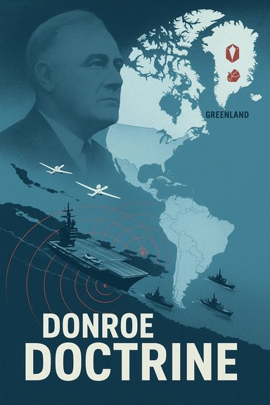 A retro poster illustrating the Donroe Doctrine with Greenland, planes, and warships.