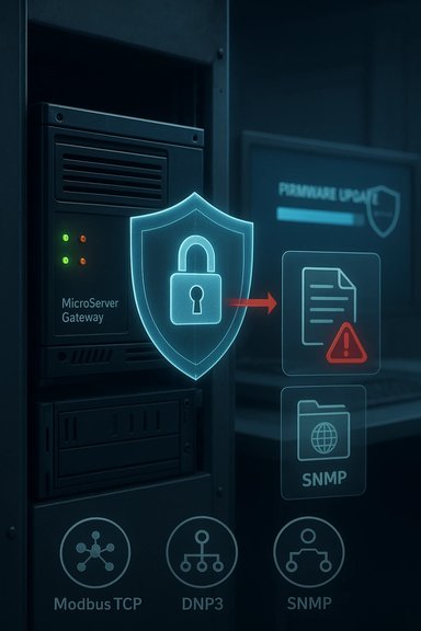 A server rack featuring a glowing shield and lock icon, indicating a secure gateway for network data.