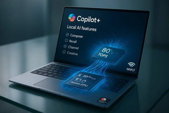 Laptop screen shows Copilot+ Local AI features with an 80 TOPS GPU and WiFi 7.
