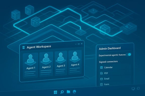 Futuristic AI agent workspace dashboard displaying four agents and an admin panel.