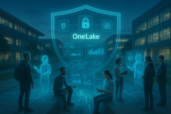 People gather around a glowing holographic shield labeled OneLake, with security icons and charts.