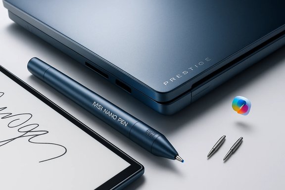 Blue MSI Prestige laptop paired with an MSI Nano Pen and spare nibs.