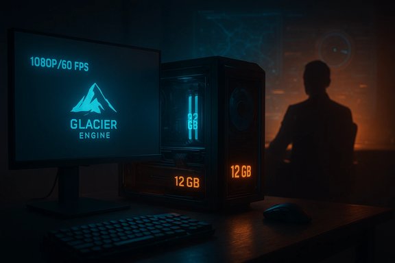 A neon Glacier Engine PC setup with 12 GB RAM, 1080P/60 FPS display, and a shadowy silhouette in the background.