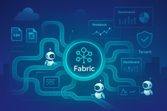 A neon blue Fabric data network with robots connecting dashboards, CSV files, and governance.