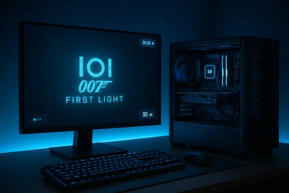 Blue-lit PC setup with a glowing monitor displaying '101 007 FIRST LIGHT'.