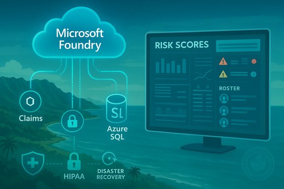 Cloud-based Microsoft Foundry diagram showing risk scores with Azure SQL, HIPAA, claims, and disaster recovery icons.