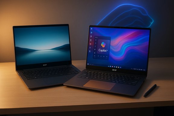 Two Acer laptops on a wooden desk, one with blue wallpaper and the other with a colorful screen, plus a stylus.