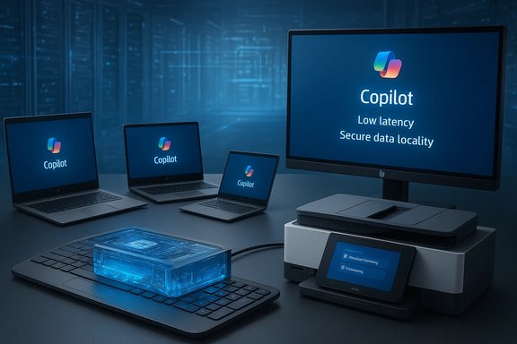 Tech setup displaying Copilot on multiple laptops and a large monitor.