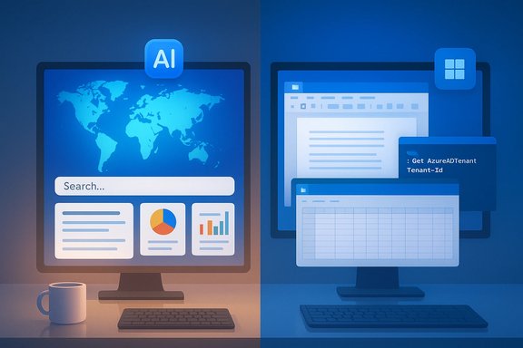 Split-screen illustration: AI-driven search on the left and cloud dashboards on the right.