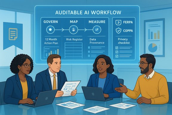 A diverse team discusses an auditable AI workflow in a boardroom.