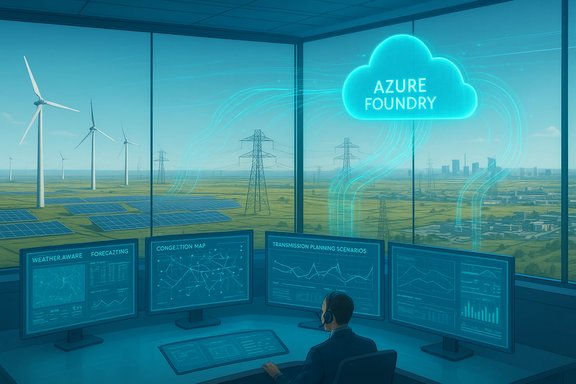 Control room monitoring Azure Foundry cloud visualization over wind farms, solar panels, and the grid.