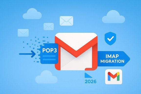 Gmail icon illustrating POP3 to IMAP migration in the cloud (2026).