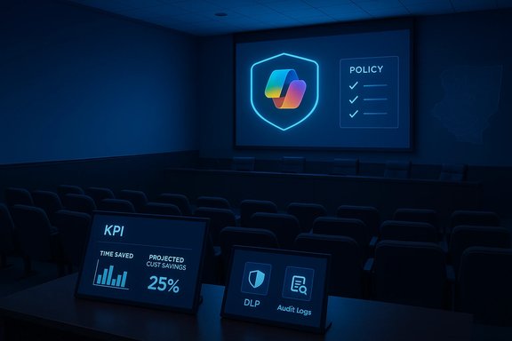 Dim conference room with a blue neon policy shield on screen and KPI dashboards.