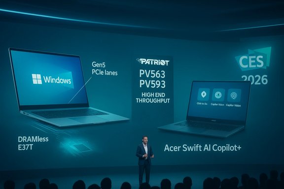 CES 2026 stage presentation showcasing Windows laptop, Patriot PV563/PV593, and Acer Swift AI Copilot+.