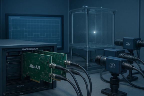 Electronics lab setup with Alta-AN boards plugged into edge connectors and JAI cameras.